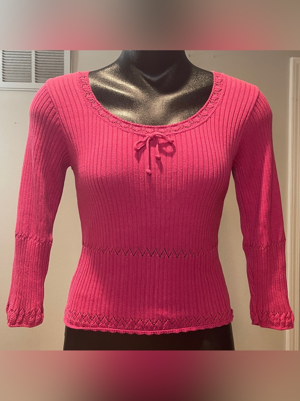 Absolutely Hot Pink Ribbed Scoop-Neck Sweater with Front Tie, Size Sm